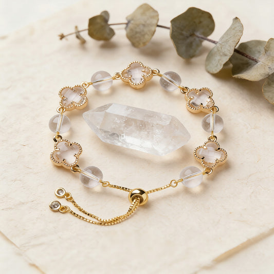 8mm Clear Quartz Bracelet | Clover of Clarity & Positive Energy