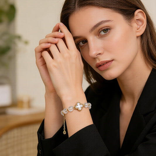 8mm Clear Quartz Bracelet | Clover of Clarity & Positive Energy